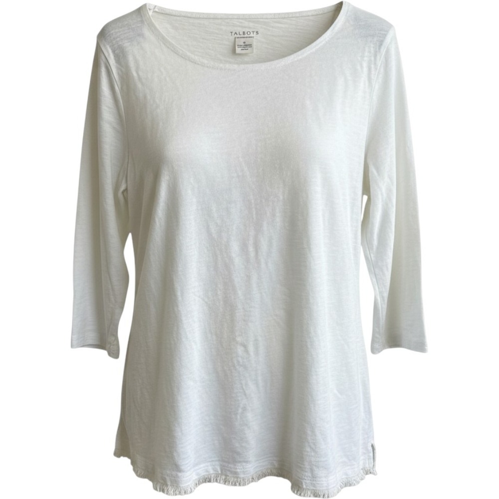 Talbots Woman White 100% Cotton Slub Knit Fringe Hem 3/4 Sleeve Top 3X